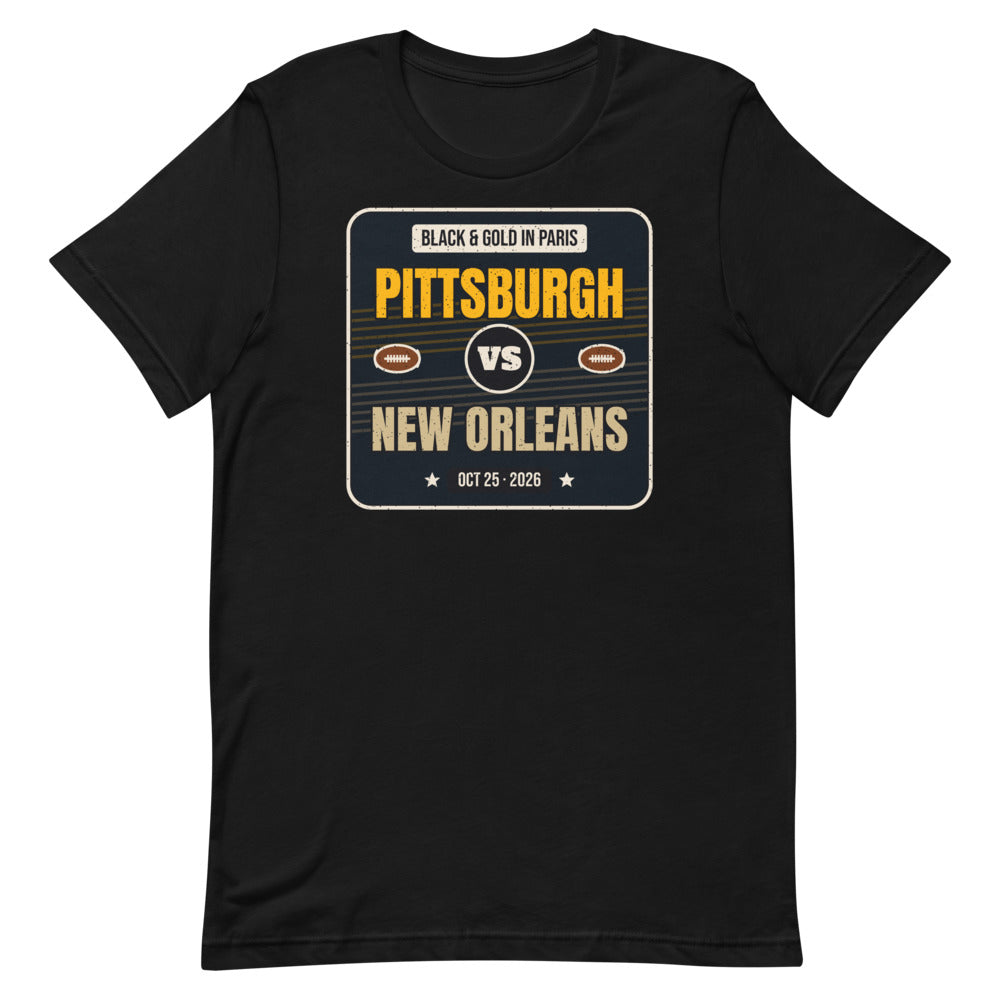Pittsburgh vs. New Orleans Paris Game 2026 Unisex Tee in black, design printed on the front, front view