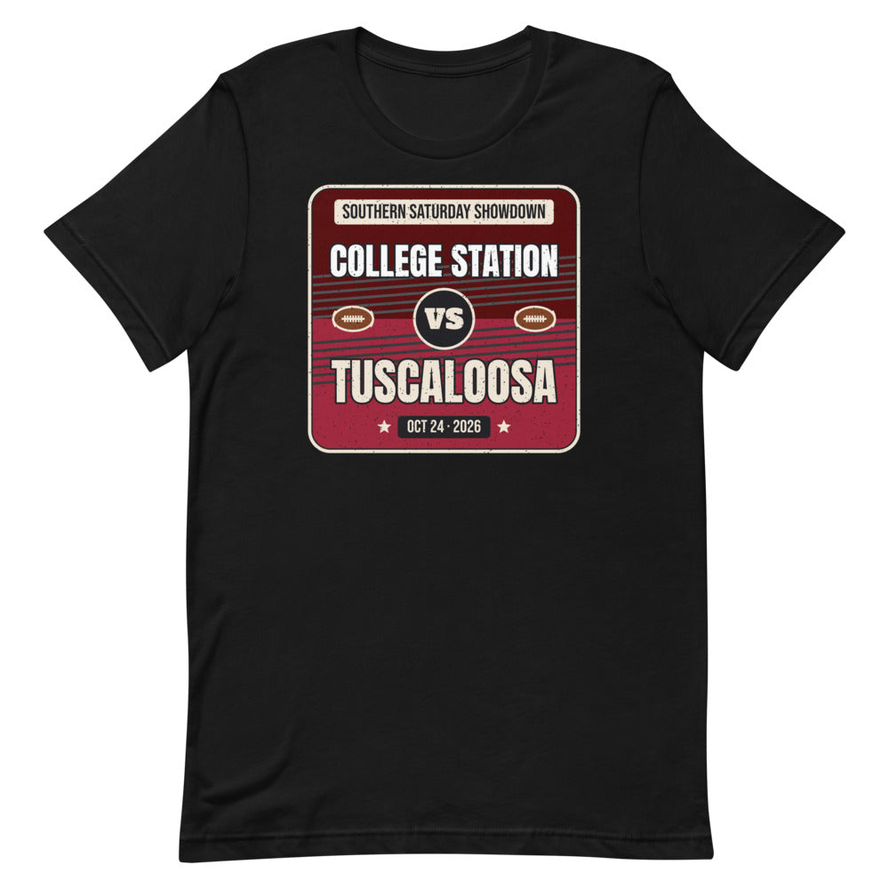College Station vs. Tuscaloosa Showdown 2026 Unisex Tee in black, design printed on the front, front view