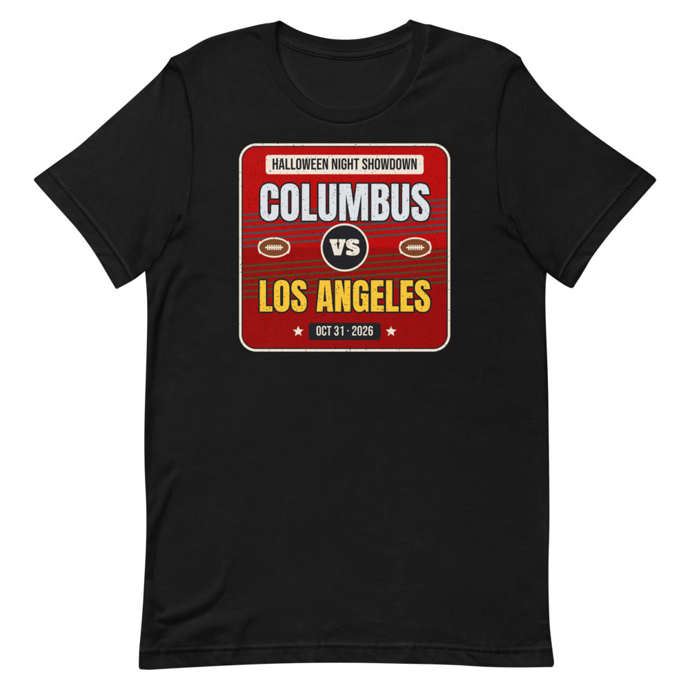 Columbus vs. Los Angeles Halloween Night 2026 Unisex Tee in black, design printed on the front, front view