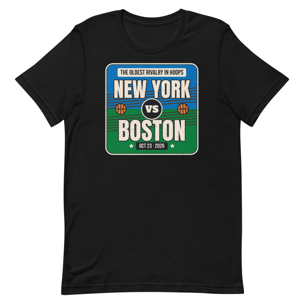 New York vs. Boston Rivalry 2026 Unisex Tee in black, design printed on the front, front view