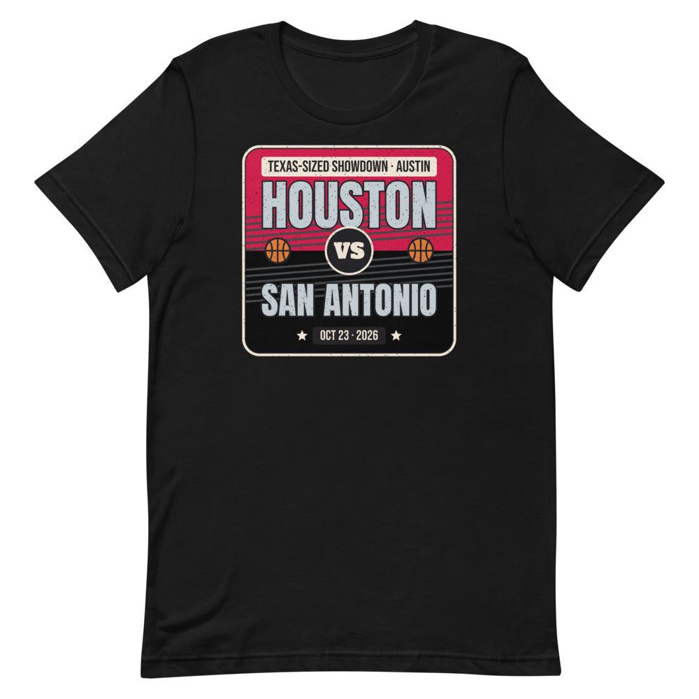 Houston vs. San Antonio Showdown 2026 Unisex Tee in black, design printed on the front, front view