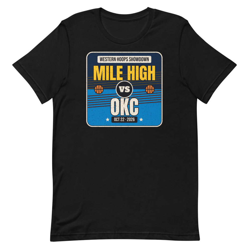 Mile High vs. OKC Showdown 2026 Unisex Tee in black, design printed on the front, front view