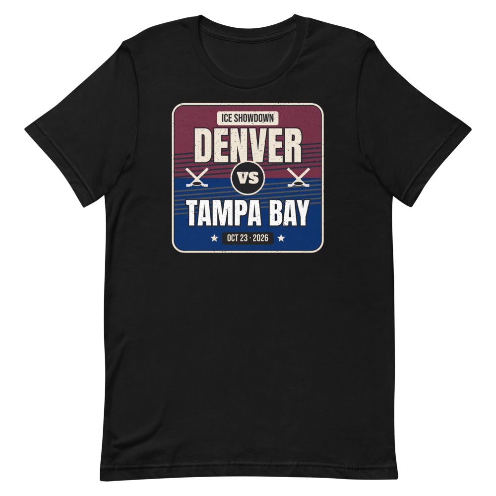 Denver vs. Tampa Bay Showdown 2026 Unisex Tee in black, design printed on the front, front view