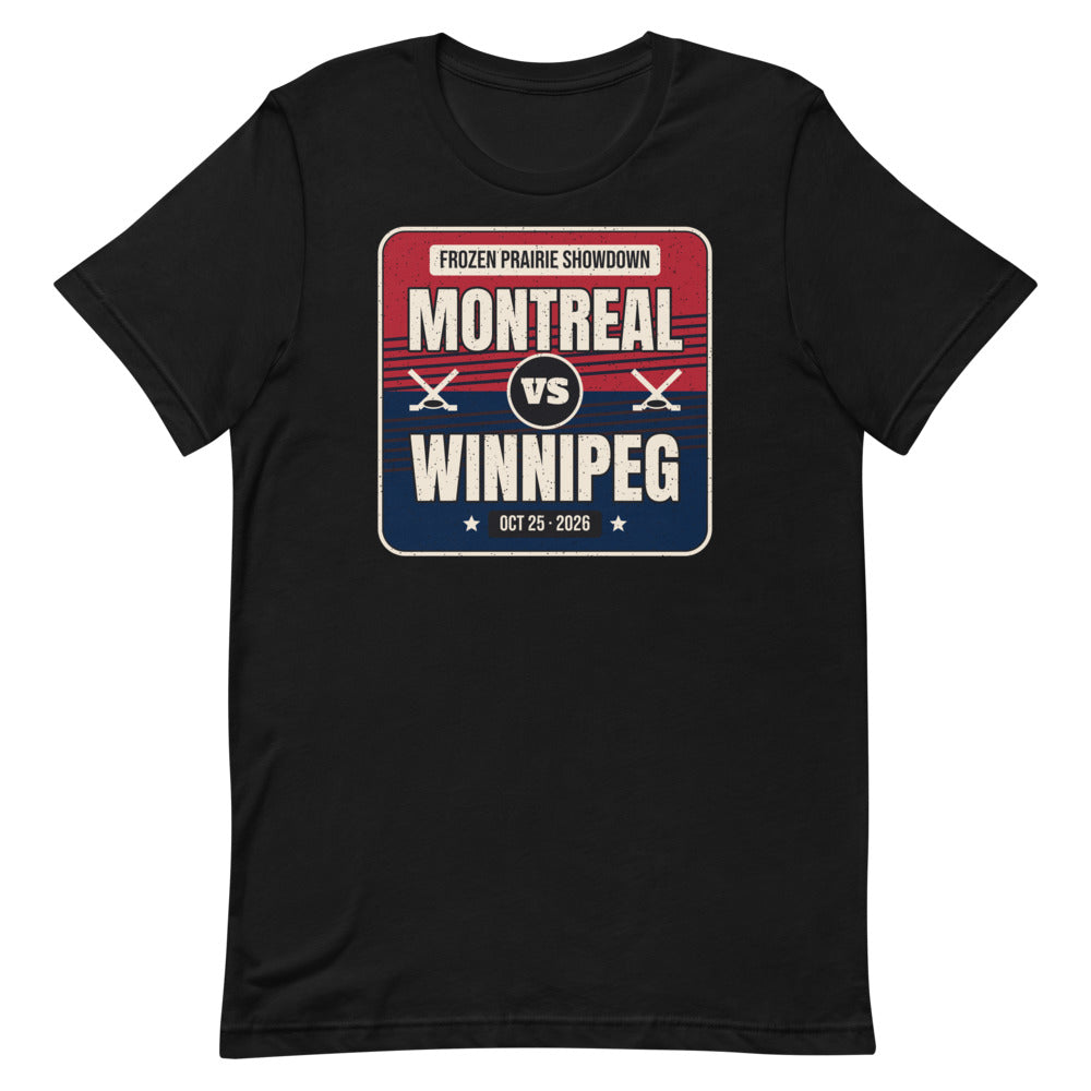 Montreal vs. Winnipeg Outdoor Hockey 2026 Unisex Tee in black, design printed on the front, front view