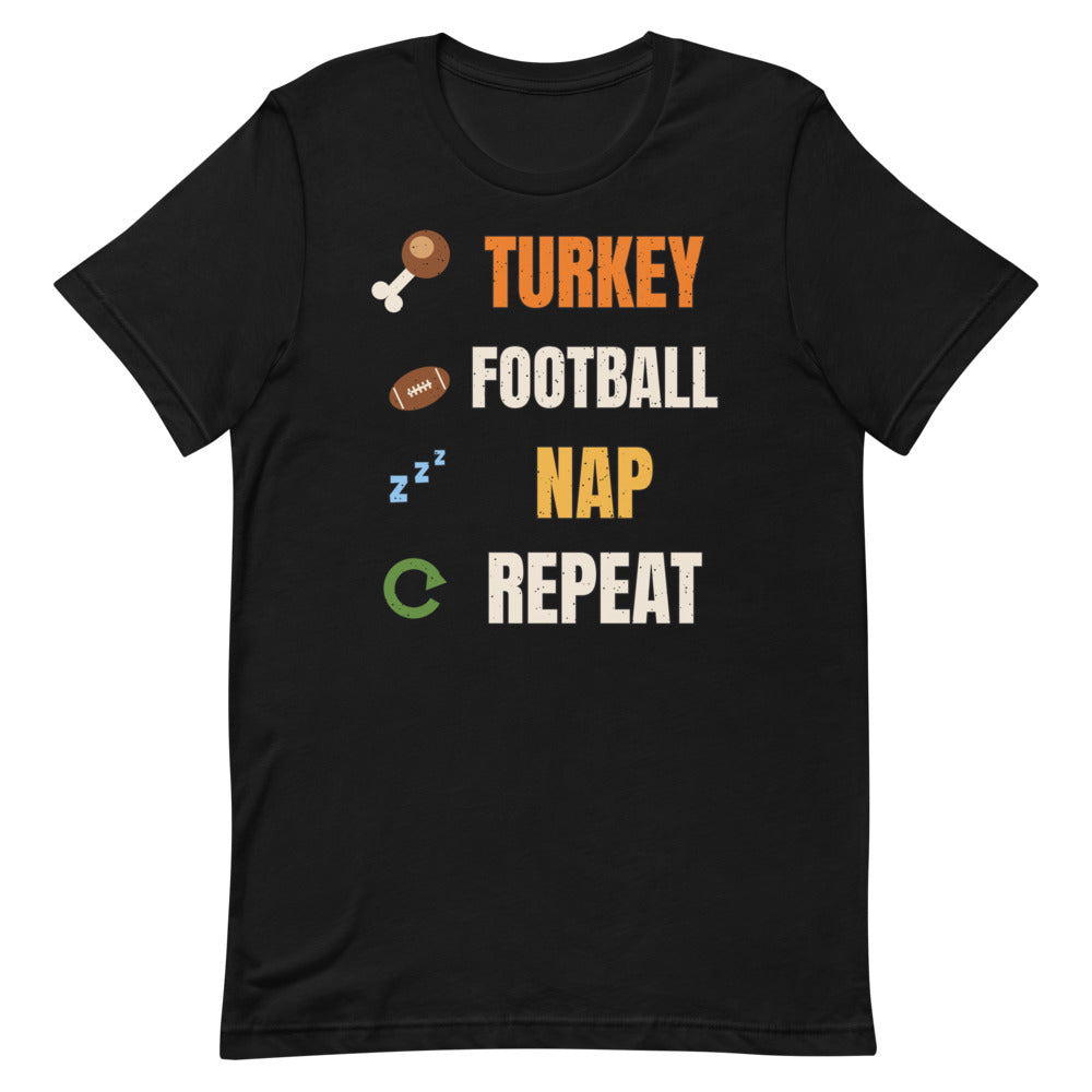 Turkey Football Nap Repeat Unisex Tee in black, design printed on the front, front view
