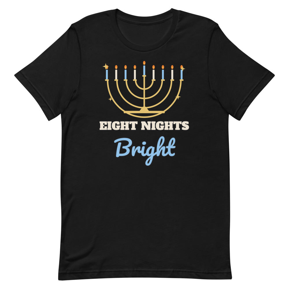 Eight Nights Bright Unisex Tee in black, design printed on the front, front view