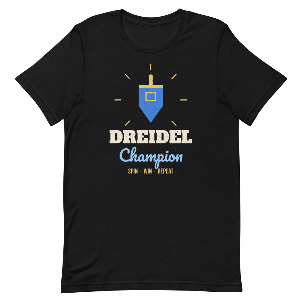 Dreidel Champion Unisex Tee in black, design printed on the front, front view