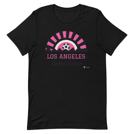 Los Angeles Sunset Soccer Unisex Tee in black, design printed on the front, front view