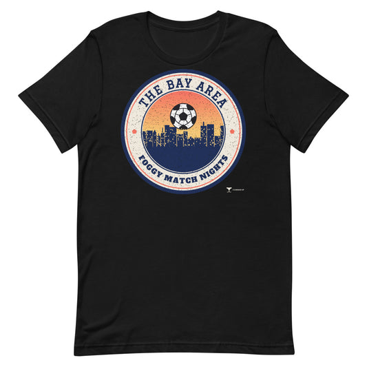 Bay Area Foggy Match Nights Unisex Tee in black, design printed on the front, front view