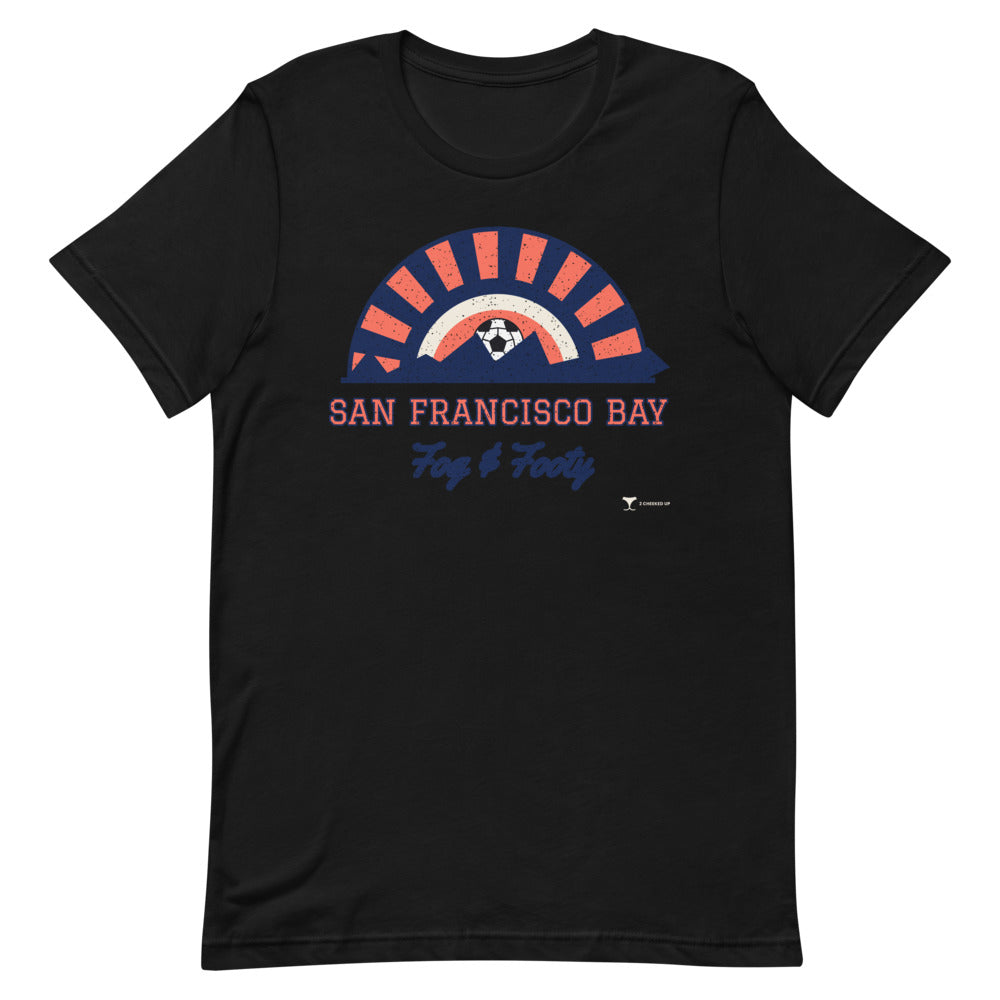 San Francisco Bay Fog & Footy Unisex Tee in black, design printed on the front, front view