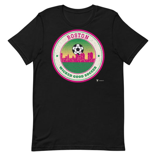 Boston Wicked Good Soccer Unisex Tee in black, design printed on the front, front view