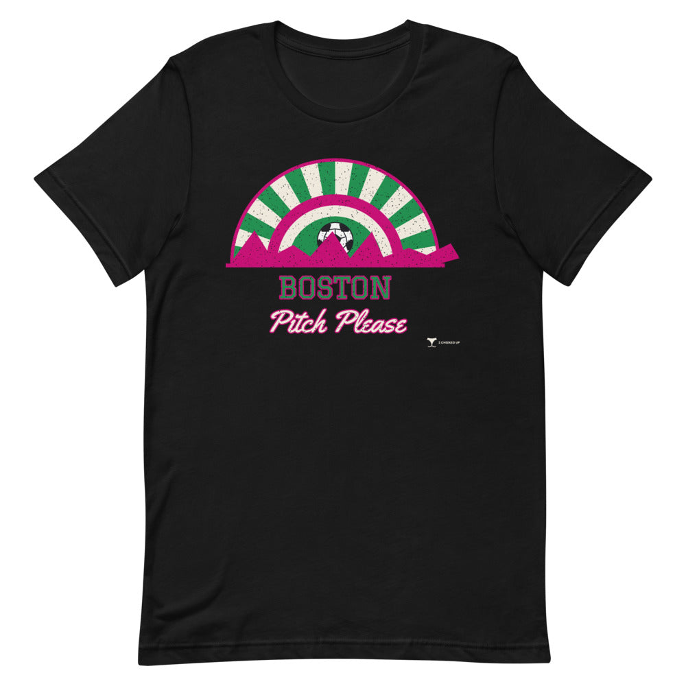 Boston Pitch Please Unisex Tee in black, design printed on the front, front view