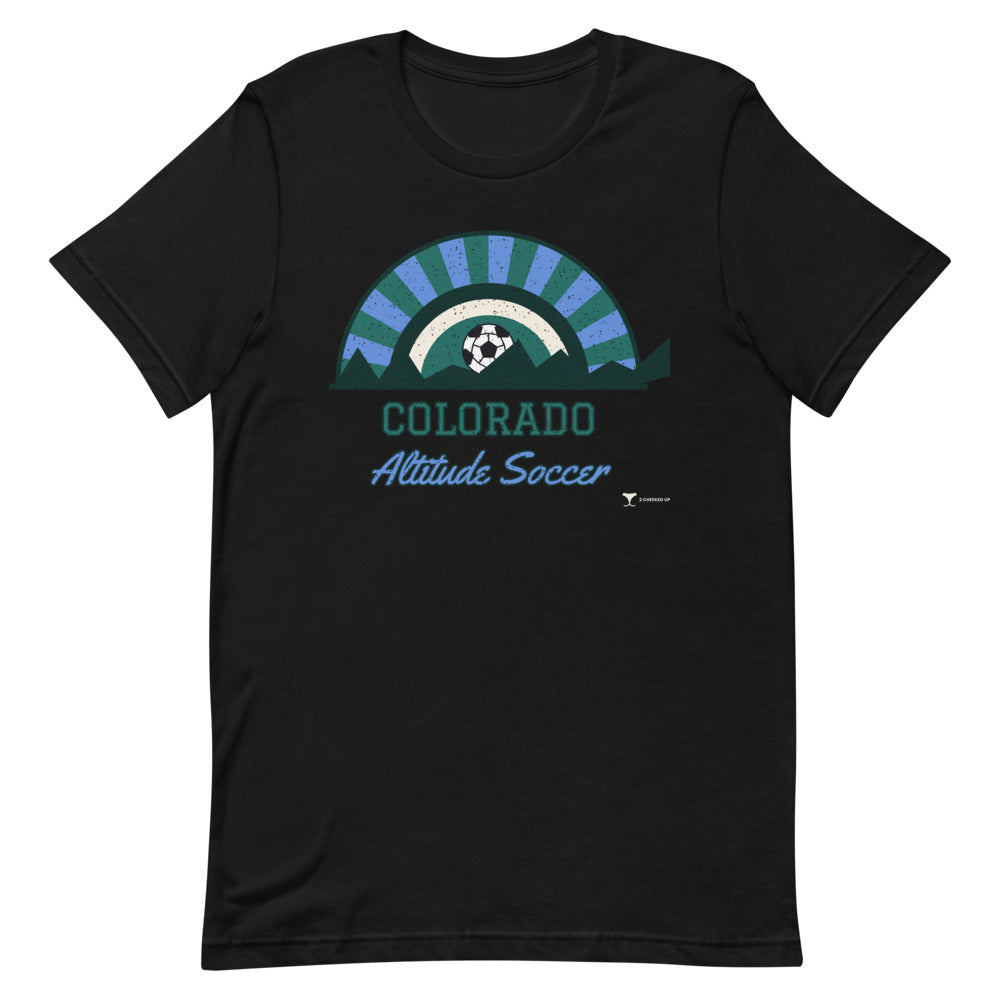 Colorado Altitude Soccer Unisex Tee in black, design printed on the front, front view