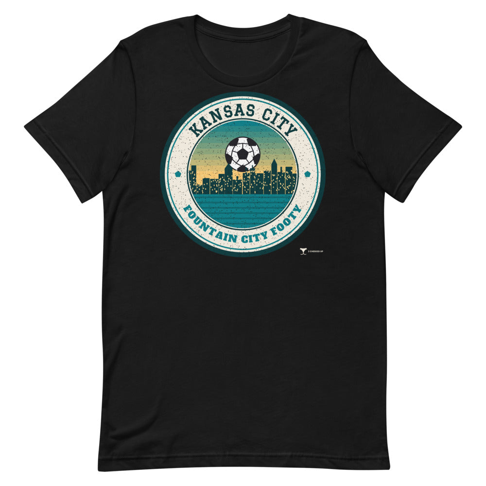 Kansas City Fountain City Footy Unisex Tee in black, design printed on the front, front view