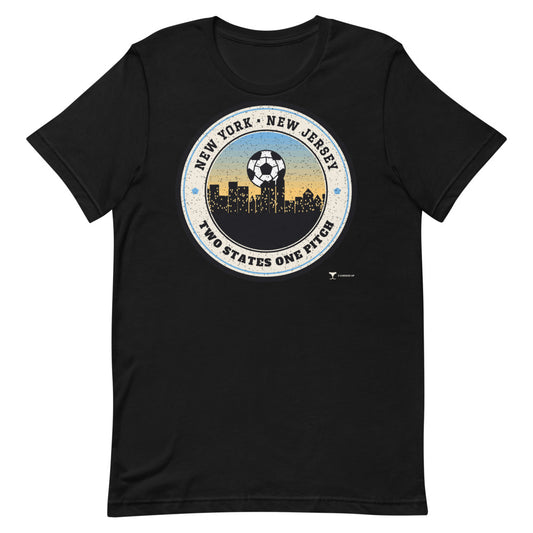 NY NJ Two States One Pitch Unisex Tee in black, design printed on the front, front view