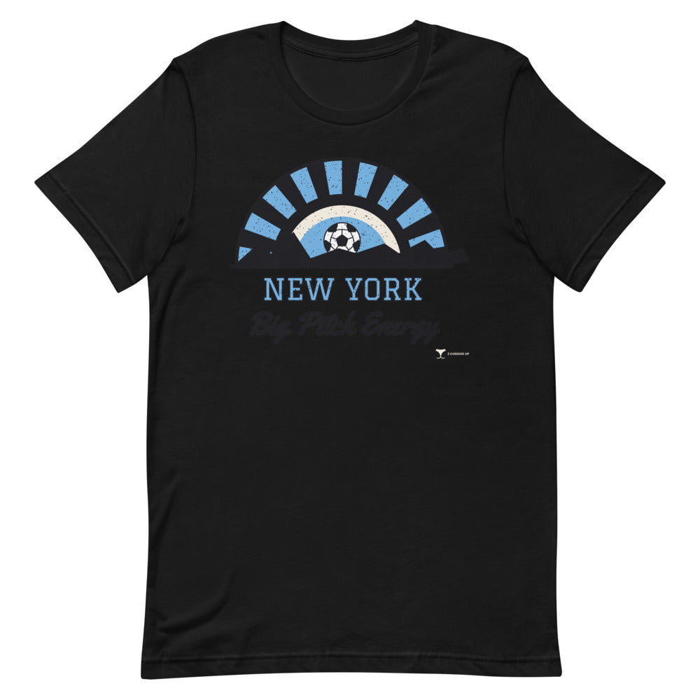 New York Big Pitch Energy Unisex Tee in black, design printed on the front, front view