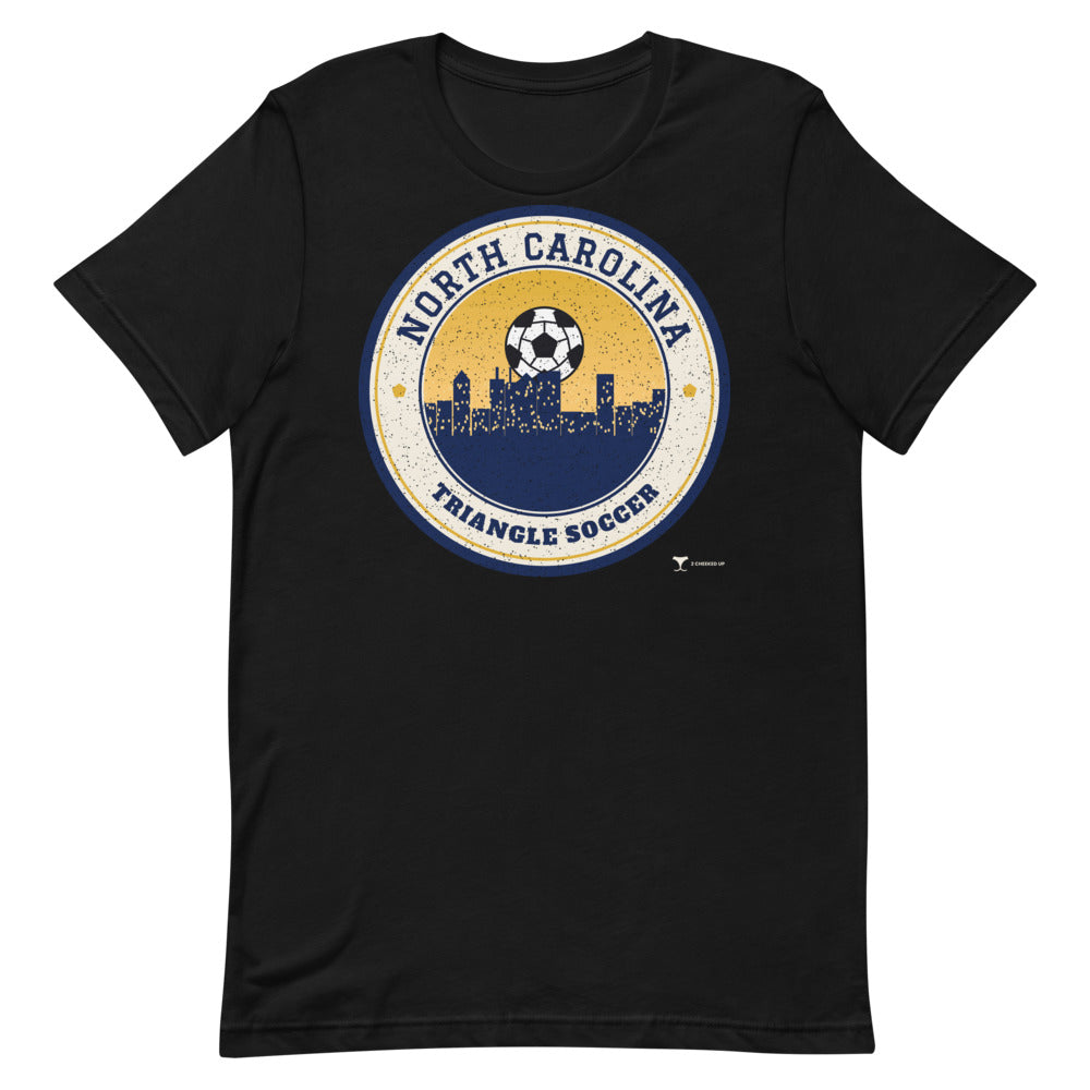 North Carolina Triangle Soccer Unisex Tee in black, design printed on the front, front view