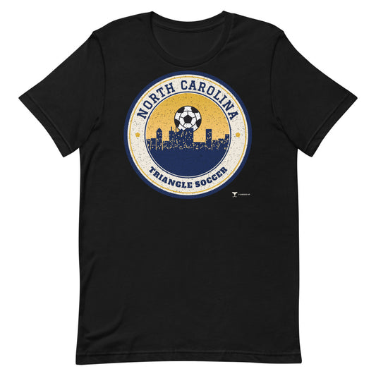 North Carolina Triangle Soccer Unisex Tee in black, design printed on the front, front view