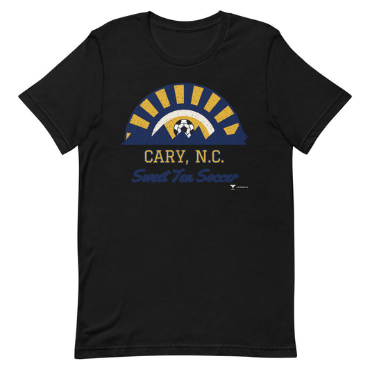 Cary, N.C. Sweet Tea Soccer Unisex Tee in black, design printed on the front, front view
