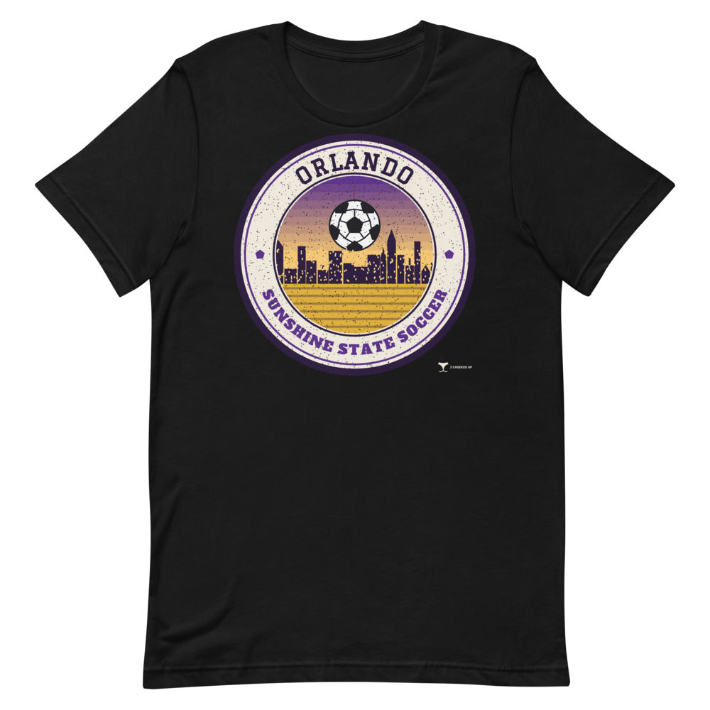 Orlando Sunshine State Soccer Unisex Tee in black, design printed on the front, front view