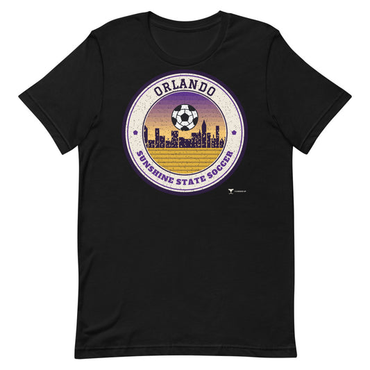 Orlando Sunshine State Soccer Unisex Tee in black, design printed on the front, front view