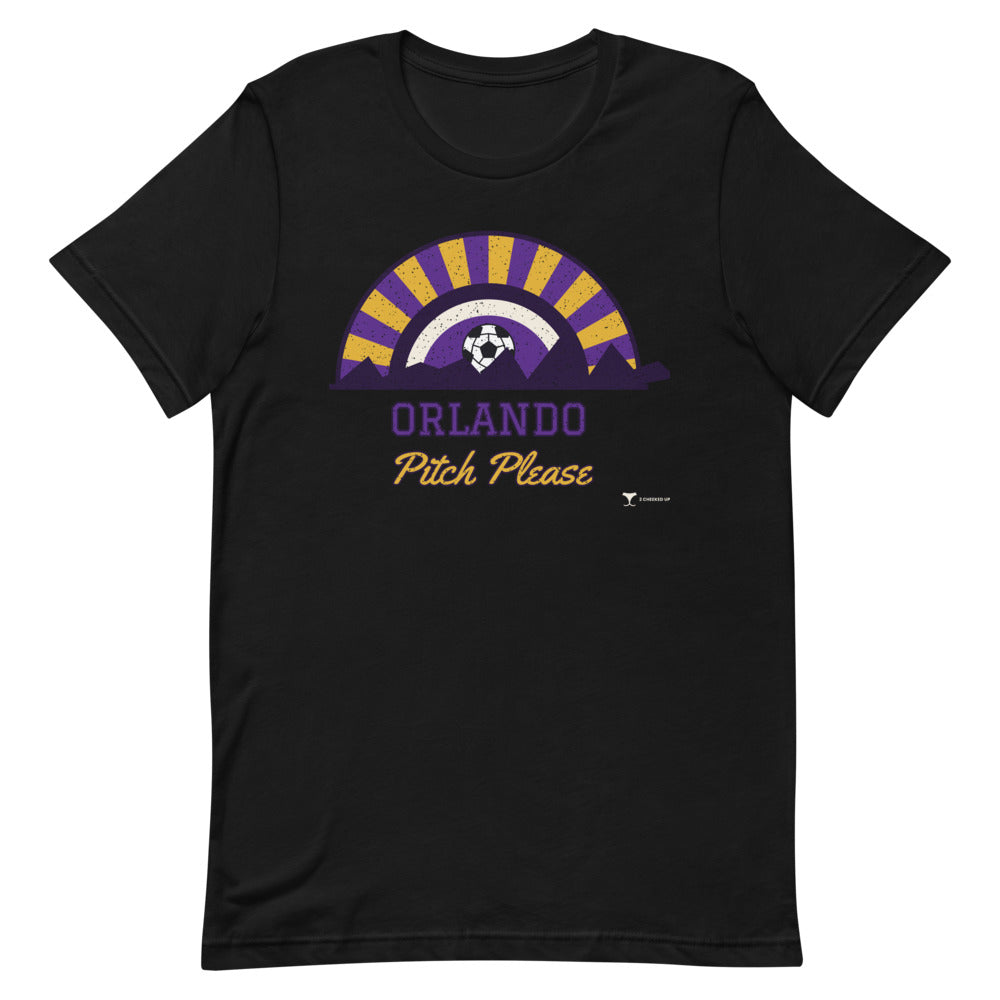 Orlando Pitch Please Unisex Tee in black, design printed on the front, front view