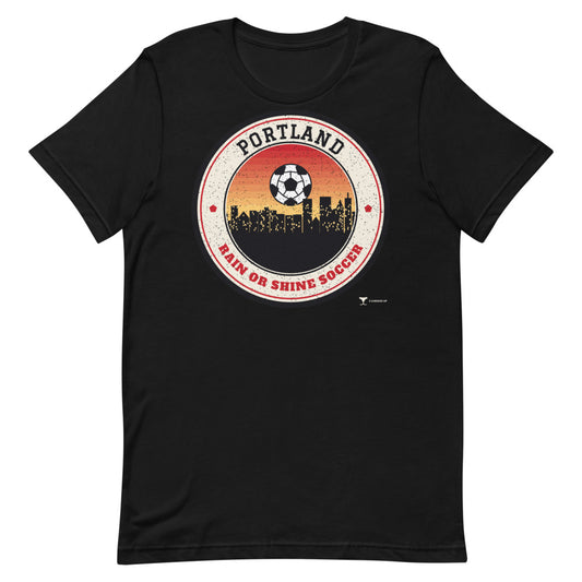 Portland Rain or Shine Soccer Unisex Tee in black, design printed on the front, front view