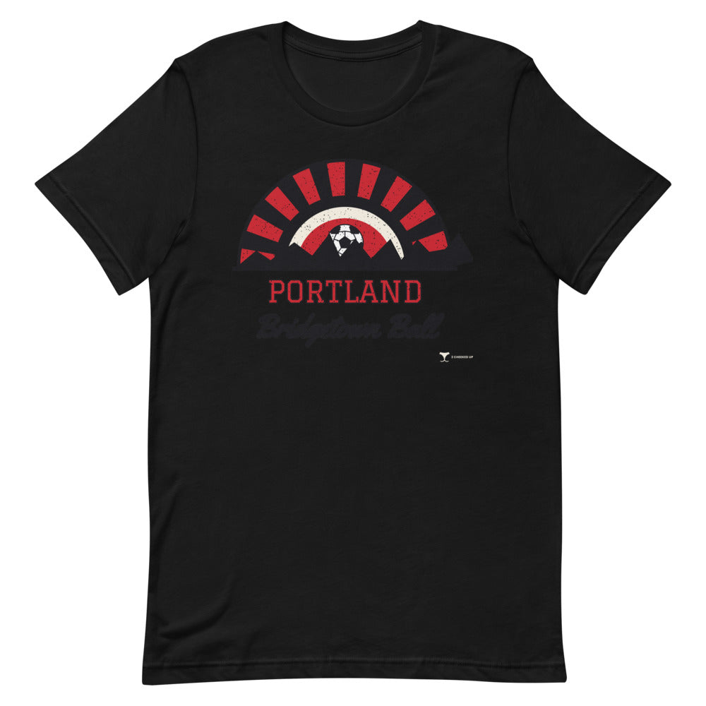 Portland Bridgetown Ball Unisex Tee in black, design printed on the front, front view