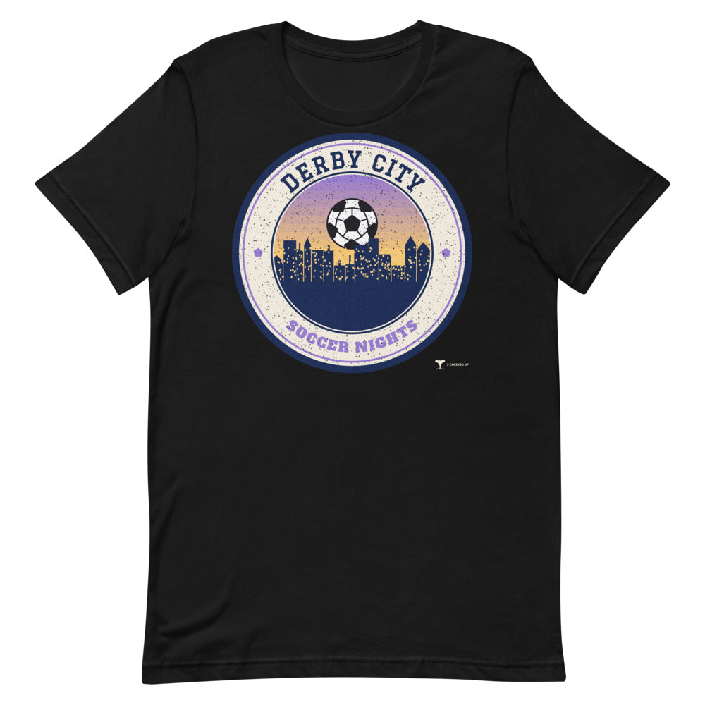 Derby City Soccer Nights Unisex Tee in black, design printed on the front, front view