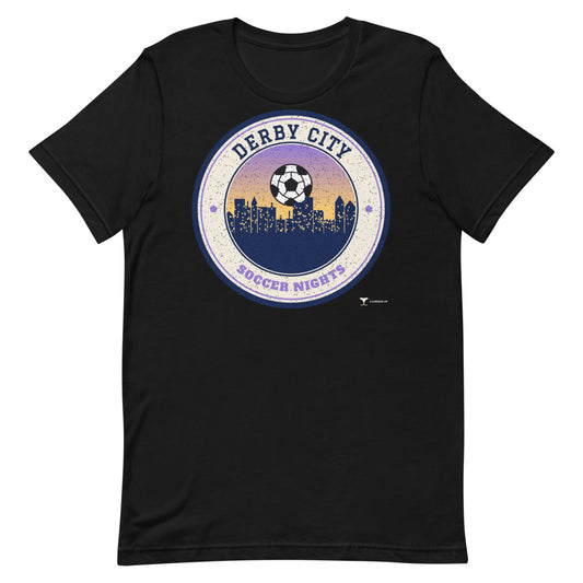 Derby City Soccer Nights Unisex Tee in black, design printed on the front, front view