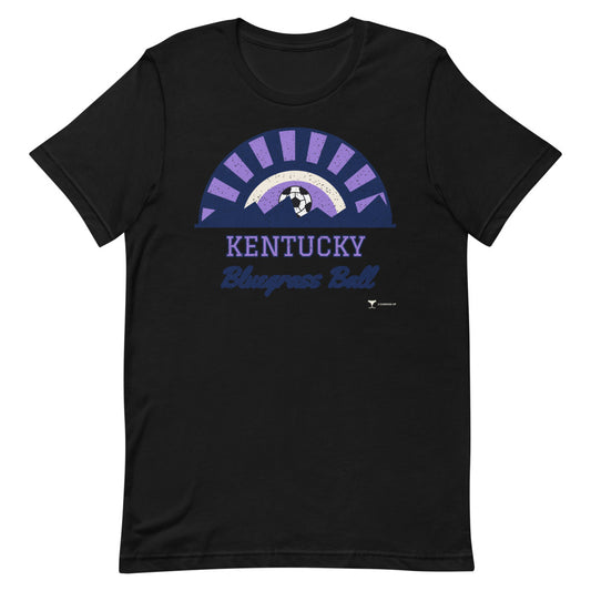 Kentucky Bluegrass Ball Unisex Tee in black, design printed on the front, front view