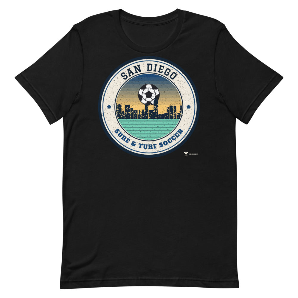 San Diego Surf & Turf Soccer Unisex Tee in black, design printed on the front, front view