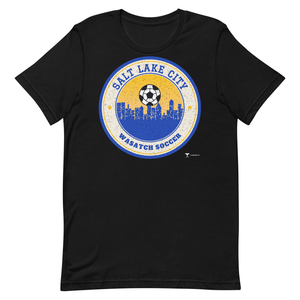 Salt Lake City Wasatch Soccer Unisex Tee in black, design printed on the front, front view