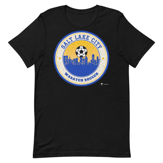 Salt Lake City Wasatch Soccer Unisex Tee in black, design printed on the front, front view