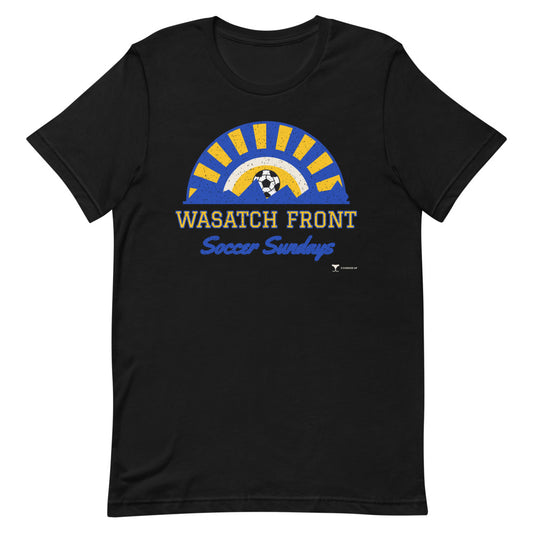 Wasatch Front Soccer Sundays Unisex Tee in black, design printed on the front, front view