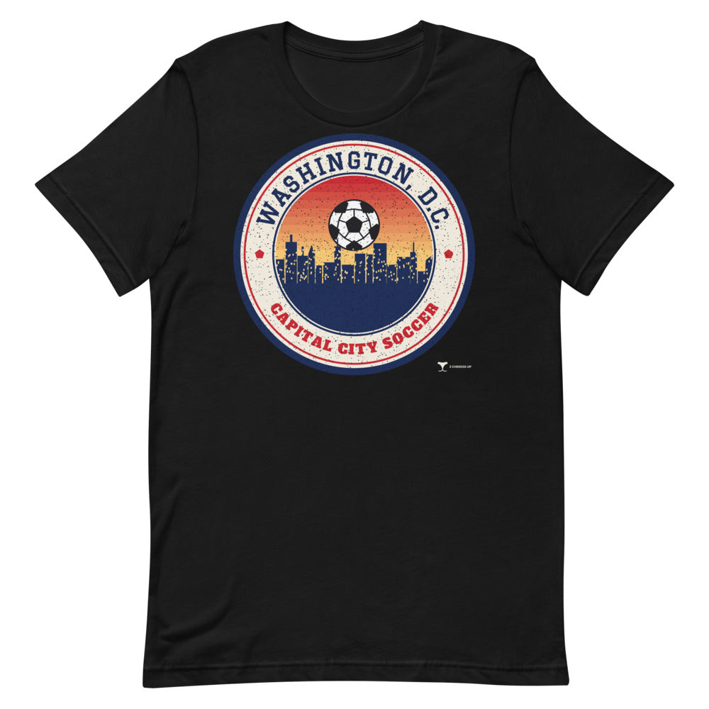 Washington, D.C. Capital City Soccer Unisex Tee in black, design printed on the front, front view