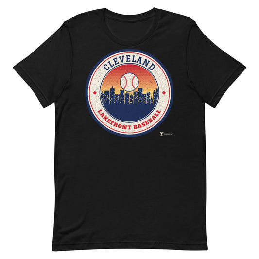 Cleveland Lakefront Baseball Unisex Tee in black, design printed on the front, front view