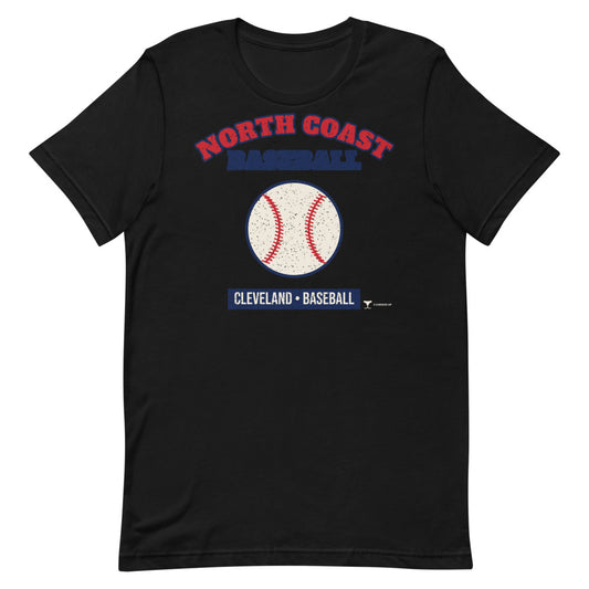North Coast Baseball Cleveland Unisex Tee in black, design printed on the front, front view