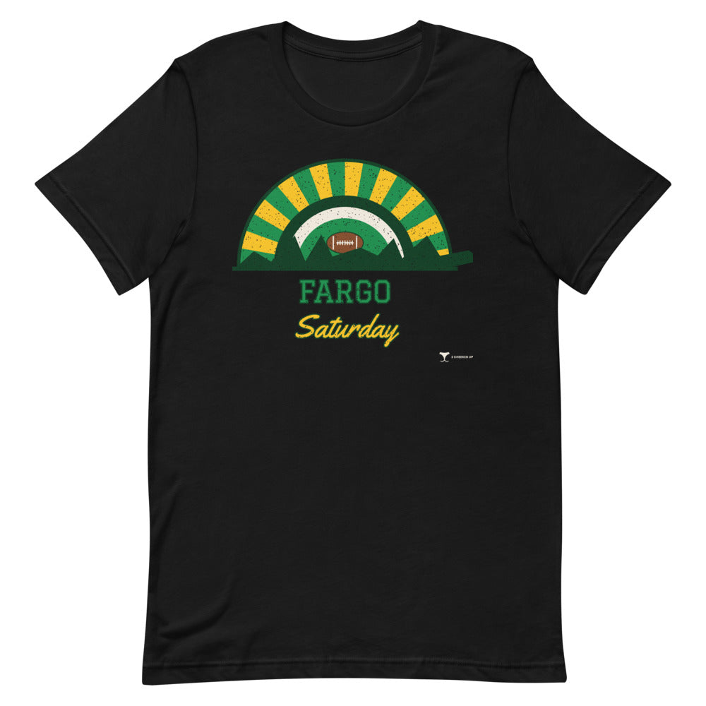 Fargo Saturday Unisex Tee in black, design printed on the front, front view