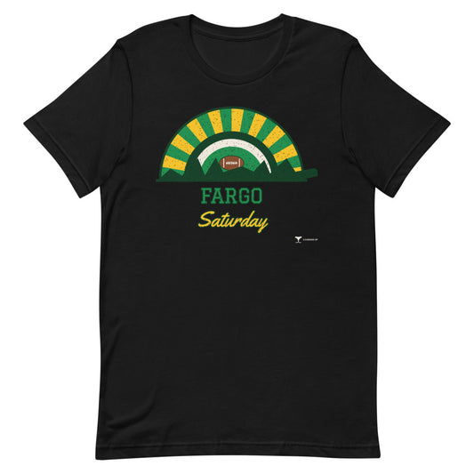 Fargo Saturday Unisex Tee in black, design printed on the front, front view