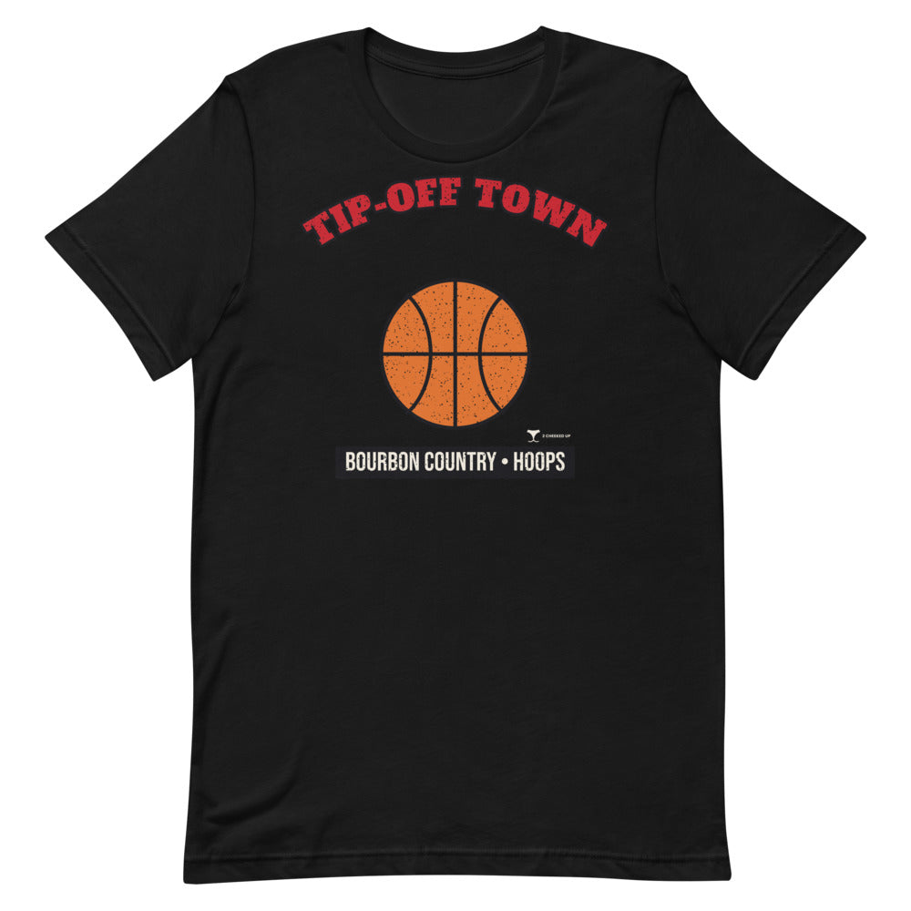 Bourbon Country Tip-Off Town Unisex Tee in black, design printed on the front, front view