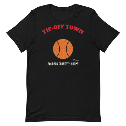 Bourbon Country Tip-Off Town Unisex Tee in black, design printed on the front, front view