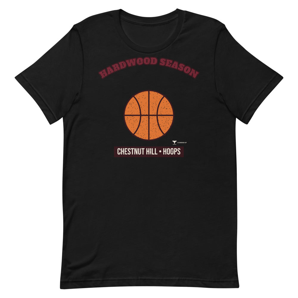 Chestnut Hill Hardwood Season Unisex Tee in black, design printed on the front, front view
