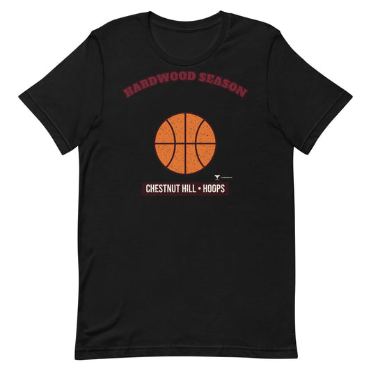 Chestnut Hill Hardwood Season Unisex Tee in black, design printed on the front, front view