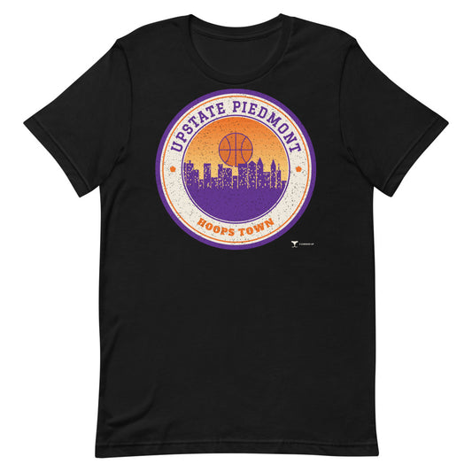 Upstate Piedmont Hoops Town Unisex Tee in black, design printed on the front, front view