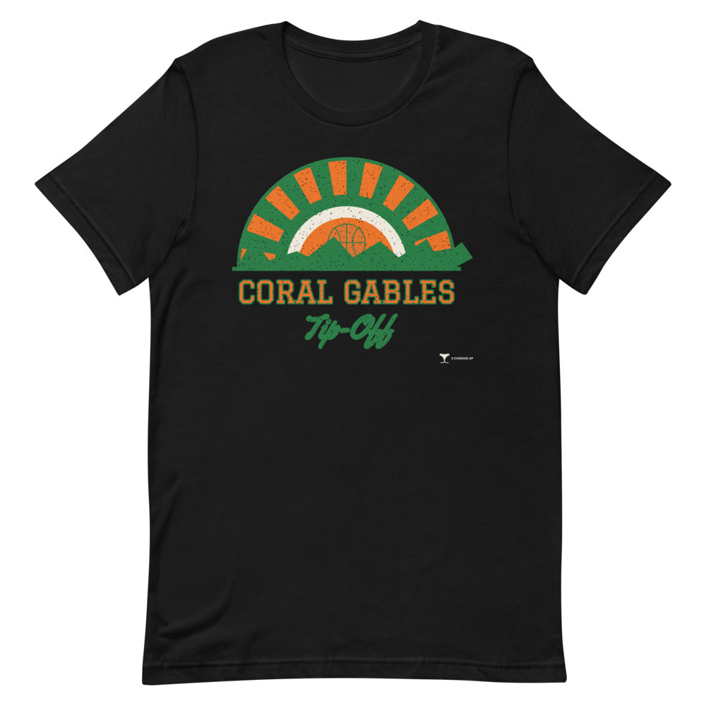 Coral Gables Tip-Off Unisex Tee in black, design printed on the front, front view