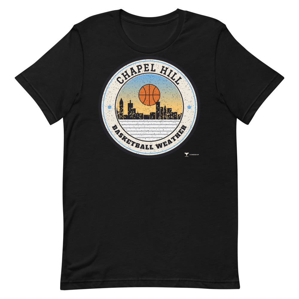 Chapel Hill Basketball Weather Unisex Tee in black, design printed on the front, front view