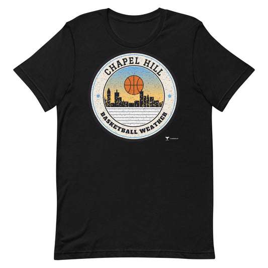 Chapel Hill Basketball Weather Unisex Tee in black, design printed on the front, front view