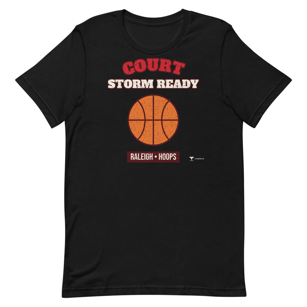 Raleigh Court Storm Ready Unisex Tee in black, design printed on the front, front view
