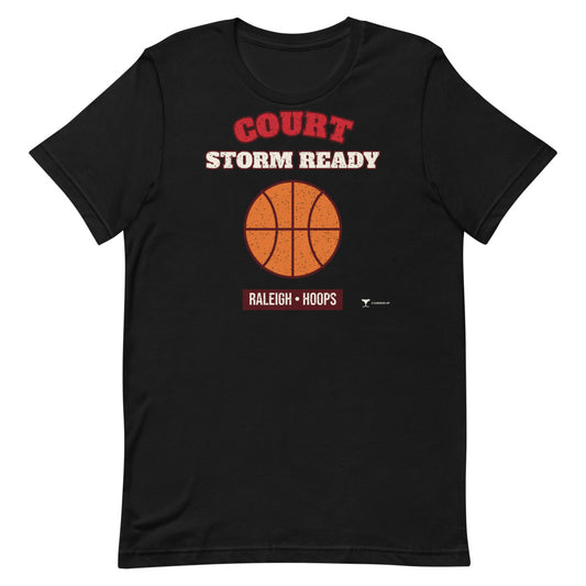 Raleigh Court Storm Ready Unisex Tee in black, design printed on the front, front view
